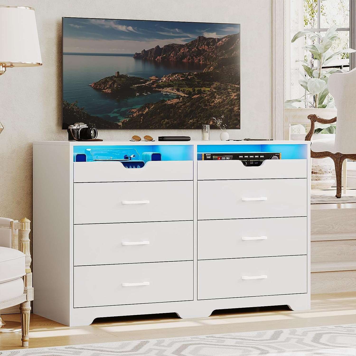 White Double Dresser with LED Lights and Pull-Out Tray