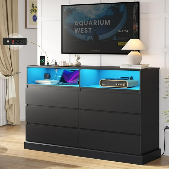 Hasuit Black Dresser for Bedroom with LED Lights and Charging Station, 51.2" Long Dressers Chest of Drawer with Large Drawers and Open Space, Modern 6 Drawer Dresser for Bedroom,