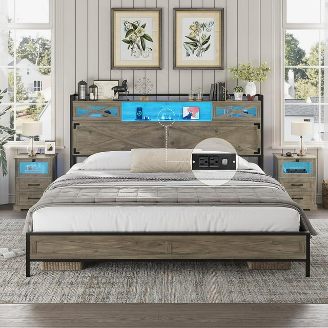 Hasuit Farmhouse Bed Frame King Size with LED Lights and Charging