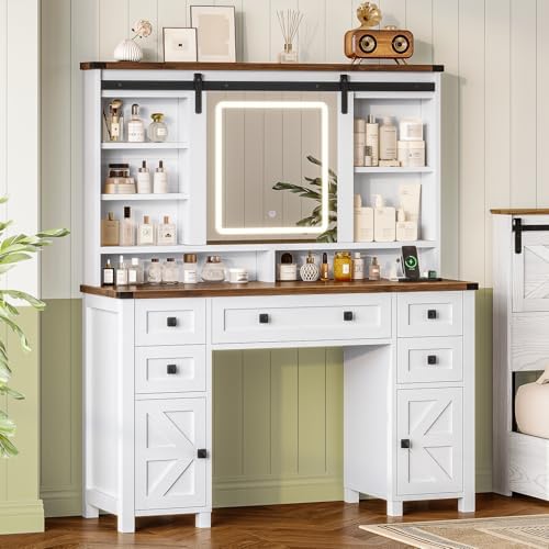 Hasuit Farmhouse Makeup Vanity Desk with Sliding Mirror and Lights ...