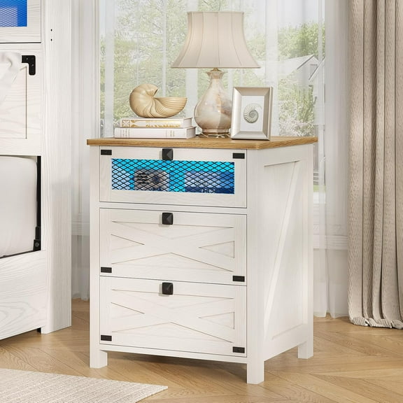 Hasuit Farmhouse Night Stand for Bedroom, Rustic Vintage White Nightstand with Charging Station and LED Lights, Bedside Table with 3 Drawers, Retro Side End Table with Storage