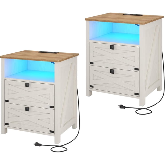 Hasuit Farmhouse Night Stand Set of 2 for Bedroom, Rustic Vintage White Nightstand with Charging Station and LED Lights, Bedside Table with 2 Drawers and Open Cubby, Retro Side End Side with Storage