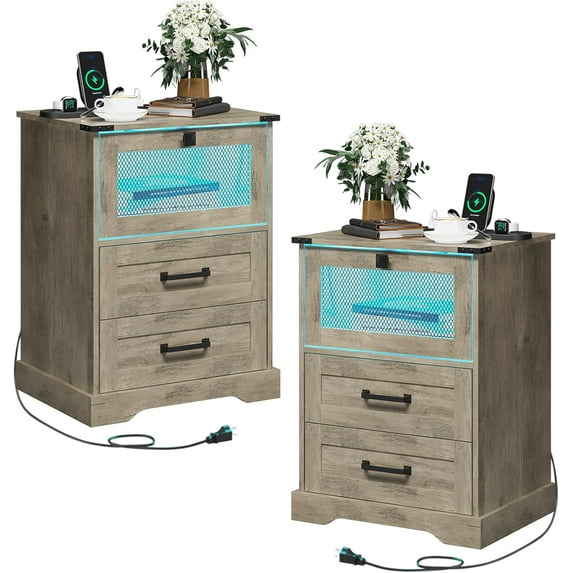 Hasuit Farmhouse Night Stand Set of 2 with LED Lights and Charging Station, Rustic Oak Nightstand with 2 Drawers, and Cubby with Wire Mesh Door, Bedside End Table for Bedroom