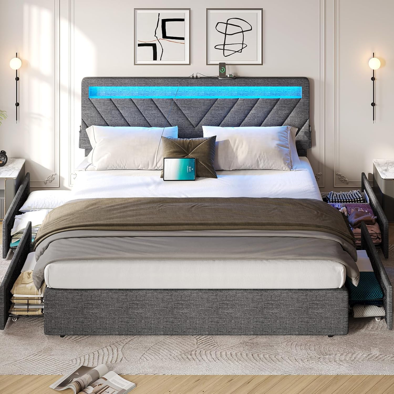 Hasuit King Bed Frame with LED Lights Headboard, 2 USB Charging Station ...