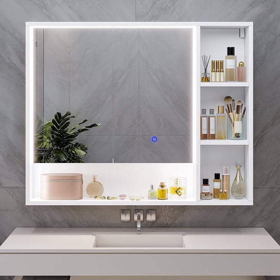Lighted Medicine Cabinet with Mirror and Shelves, Modern Bathroom Medicine Cabinet with Open Storage, Aluminum Channel LED Lights, 35.4'' x 30.7'', White