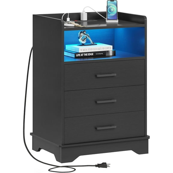 Hasuit Nightstand with Charging Station and LED Lights, Modern End Table with 3 Drawers and Open Storage, Large Bedside Table with Sturdy Base, Black Night Stand for Bedroom