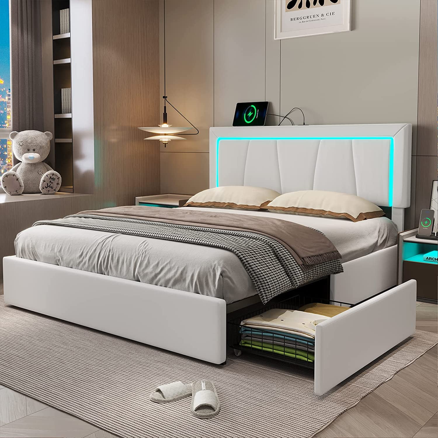 Hasuit Queen Bed Frame with 4 Storage Drawers, LED Light Platform Bed