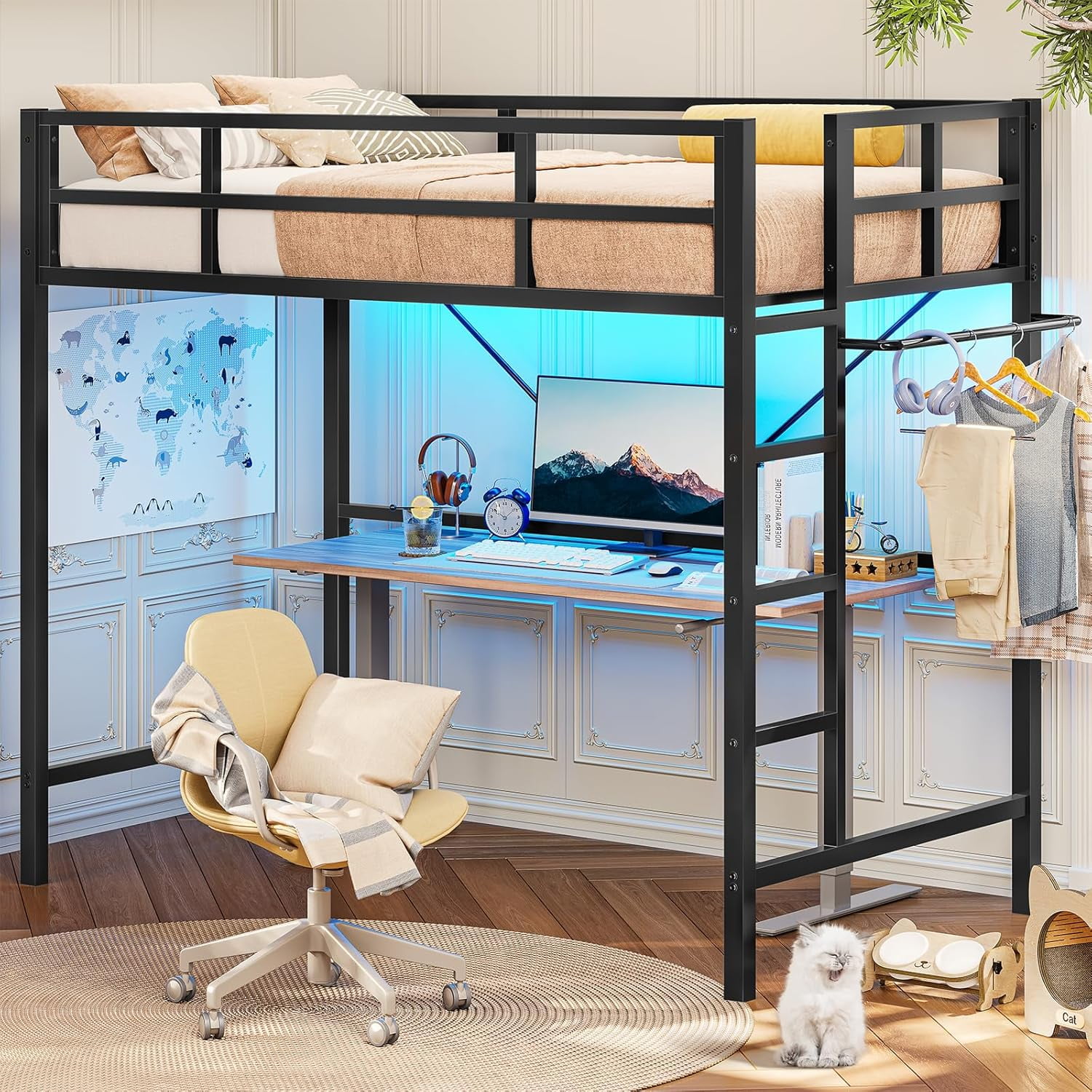 Hasuit Twin Loft Bed with LED Lights, Metal Loft Bed Twin Size with ...