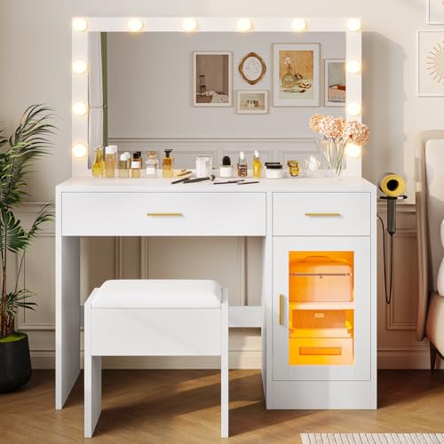 Hasuit Vanity Desk with Power Outlet, Makeup Vanity with Mirror and 12