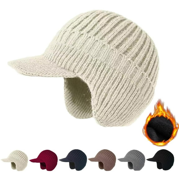 Hat with Brim Ear Flaps Soft Breathable Winter Beanie Trapper Hat Fleece Lined Ski Cap Beanie for Men Women Warm Stylish Baseball Beanie Wool Beanie Cozy Ear Flap Stocking Hat Cuff Cap Beige