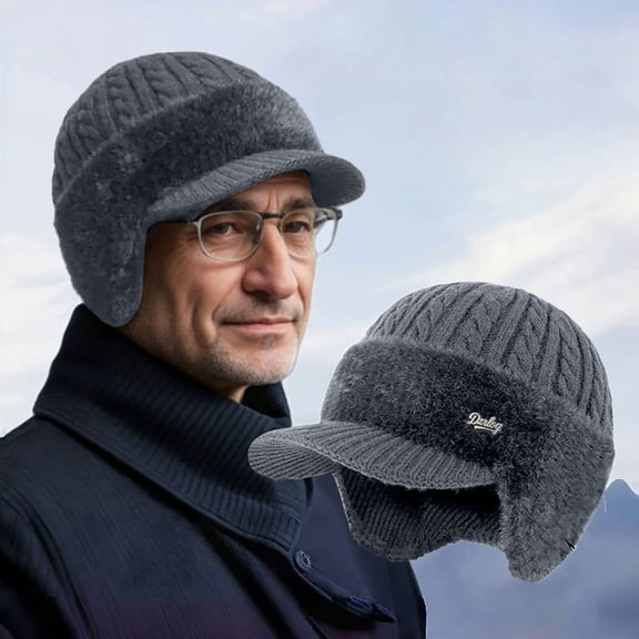 Hat with Brim Ear Flaps Winter Beanie Cozy Ear Flap Stocking Hat Blocking Knitted Hats Fleece Lined Ski Cap Cuff Cap Warm Stylish Baseball Beanie Coldshield Trapper Knitted hat Dark Gray