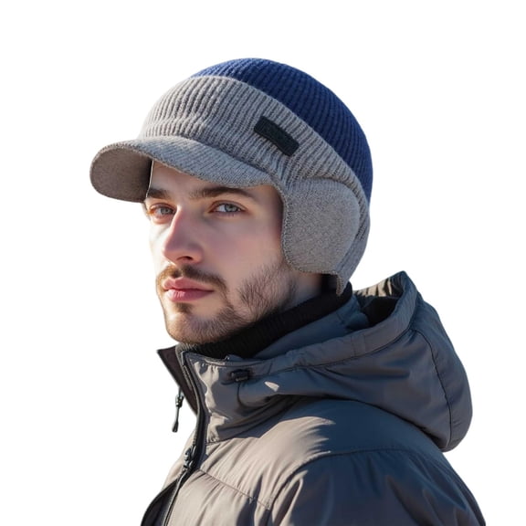 Hat with Brim Ear Flaps Winter Beanie Wool Beanie Fleece Lined Ski Cap Blocking Knitted Hats Knit Beanie Hats with Visor & Ear Flaps Trapper Hat Coldshield Trapper Beanie for Men Women Navy