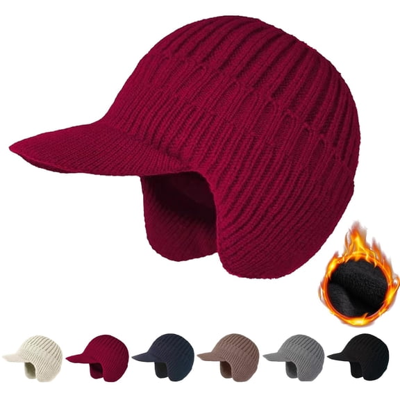 Hat with Brim Ear Flaps Wool Beanie Blocking Knitted Hats Cuff Cap Knitted hat Cozy Ear Flap Stocking Hat Coldshield Trapper Winter Beanie Trapper Hat Fleece Lined Ski Cap Wine