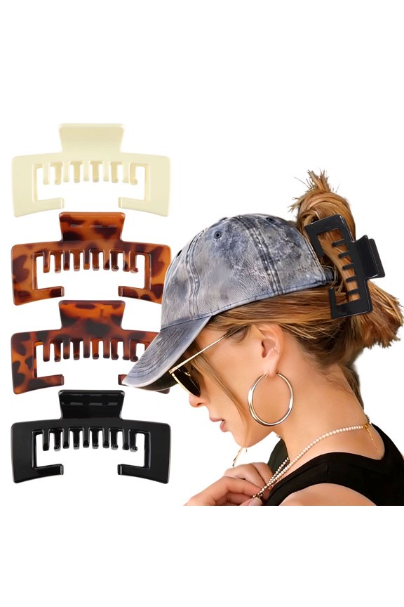 Hat Claw Clips, 4-Pack Square Claw Clips, Non-Slip Strong Hold Hair Clips for Baseball Caps & Thick Hair