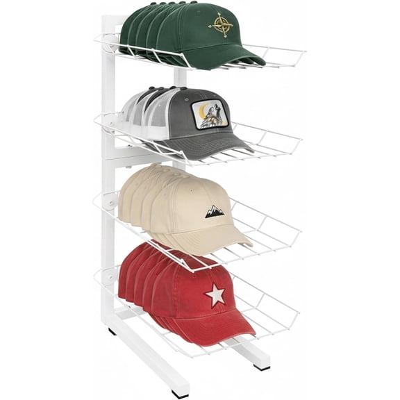 Hat Display 4 Tier, Hat Rack Stand, Metal Hat Stands for Multiple Hats, Commercial Retail Hats Display, White