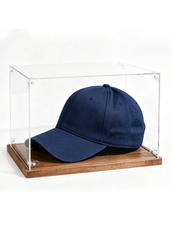 Hat Display Case Clear Acrylic Baseball Cap Showcase Box with Wooden Base & Hat Support Shaper Collector Cap Storage & Display Stand
