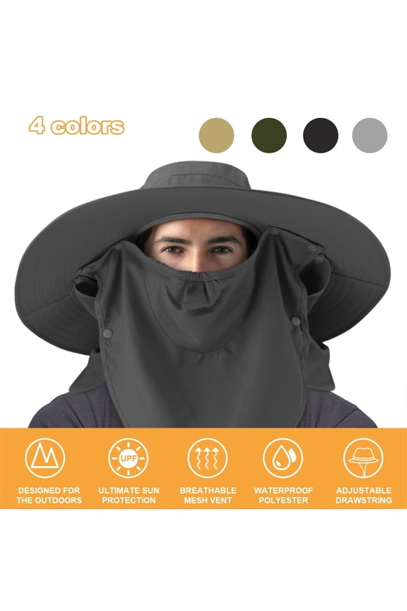 Hat Ear Neck Sun Cover Flap Cap Outdoor Men Women Wide Brim Bucket Dark Gray