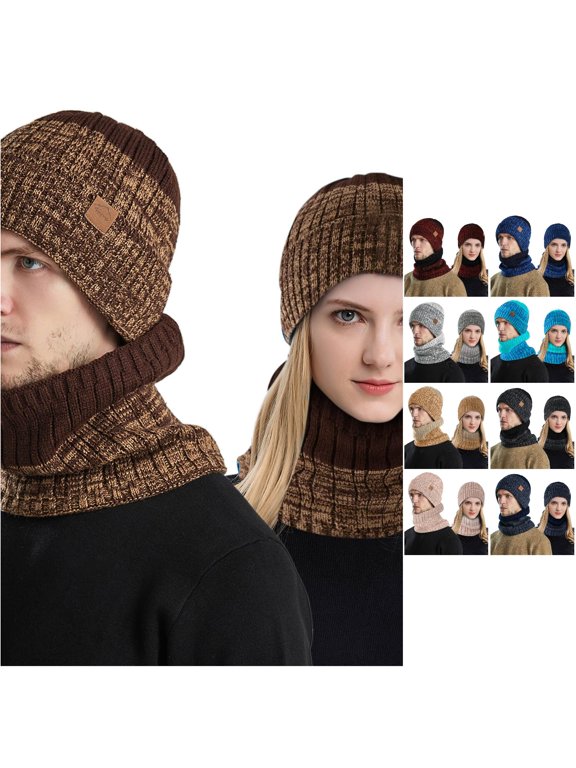 Hat Ears Warmer Coif for Adults— Knit Windproof Winter Hooded Hat and Scarf Combo for Men Women