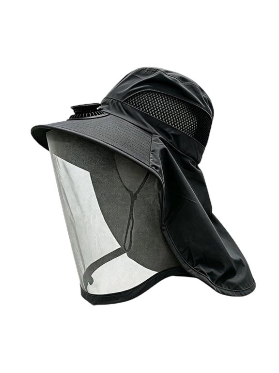 Hat with Fan, Solar Powered Sun Hat with Mesh Face Shield, Adjustable Breathable Wide Brim Bucket Cap for Men Women Outdoor Fishing Hiking Gardening, 21.7" Head Size, Sun Protection