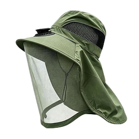 Hat with Fan, Solar Powered Sun Hat with Mesh Face Shield, Adjustable Breathable Wide Brim Bucket Cap for Men Women Outdoor Fishing Hiking Gardening, 21.7" Head Size, Sun Protection