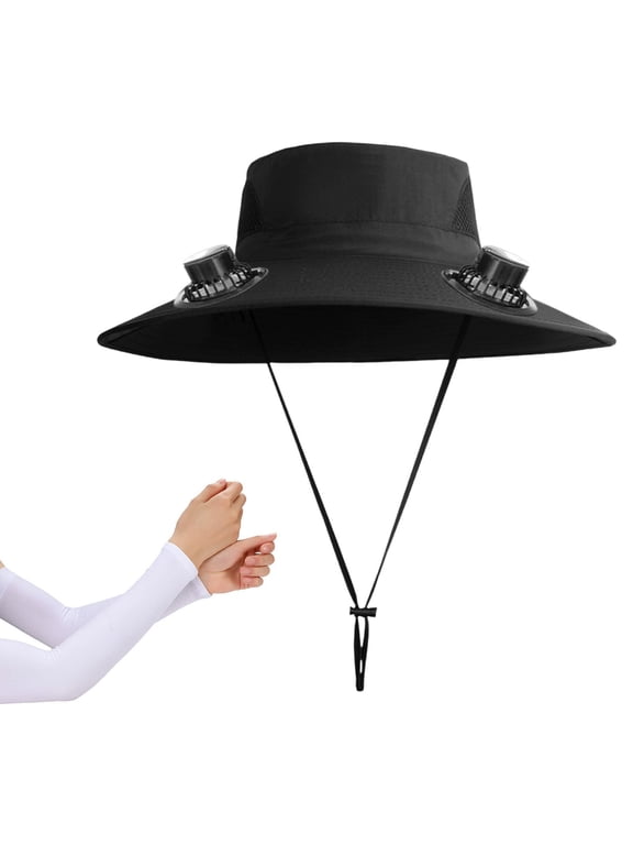 Hat With Fans Solar Power,Wide Brim Solar Fan Hat,Fishing Hat with Solar Fan,Solar Fan Hat Upf51+,Fan Hat with Fan Built in,USB Rechargeable(Black Gift:White Ice Sleeve 20in)from ANMUYUM