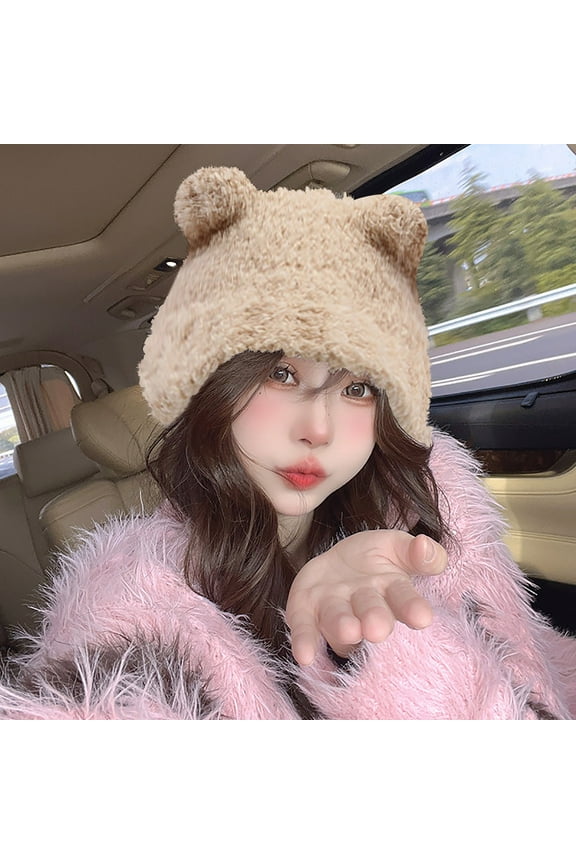 Hat Female Cute Bear Ears Warm Knitted Ear Cap Sweet Show Young Everything Winter Woolen Hat Hat That Covers Ears Face Guard for Cold Weather Men's Trapper Hat Mens Snow Hat Thermal Winter Hat Men