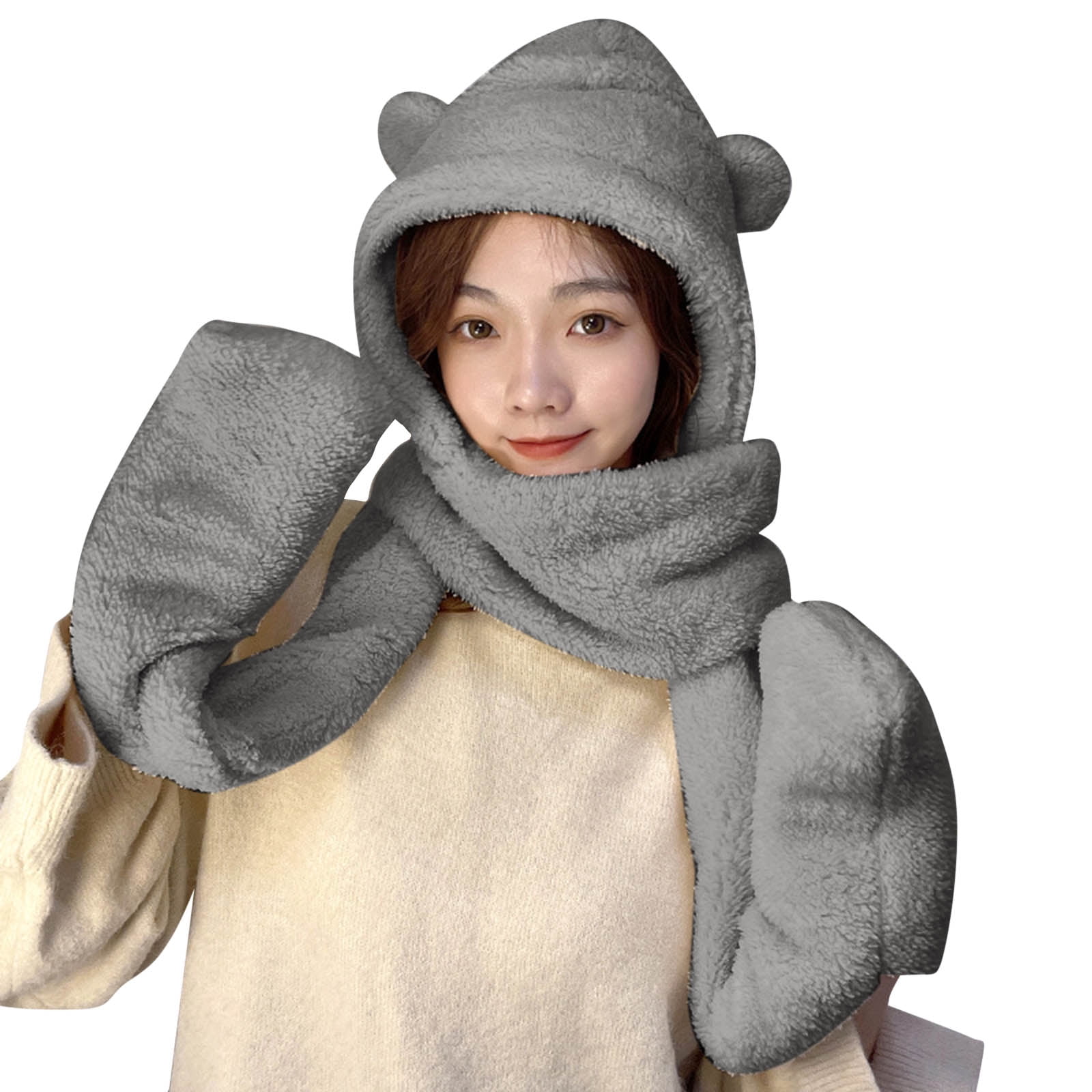 Hat Gloves Scarf 3 Piece Set Bear Ears Hat Autumn Winter Fisherman Hat