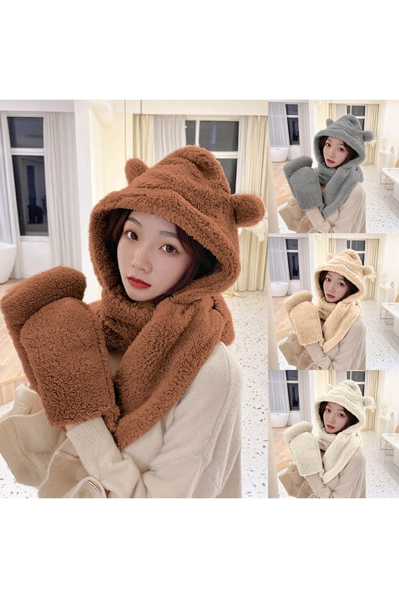 Hat Gloves Scarf 3 Piece Set Bear Ears Hat Autumn Winter Fisherman Hat Outdoor Thickened Baby Girl Hat Mad Hat Women E Weather Gear Winter Hats Unisex Warm Mens Hat Adventure Hats Men Uncle Hat State