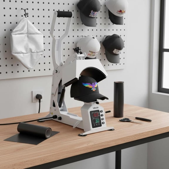 Hat Heat Press Machine, 8.5 X 4 in Heating Plate, Caps Stretcher, Temp and Time Control, White