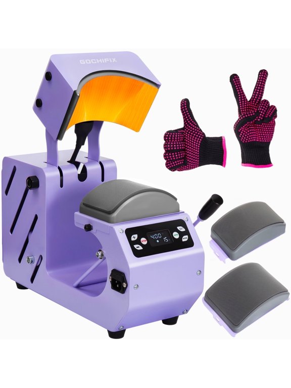 Hat Heat Press Machine,GOCHIFIX Automatic Hat Heat Press with 2pcs Interchangeable Platens for Caps Hats T-Shirts and HTV Iron On and Sublimation Projects,Purple