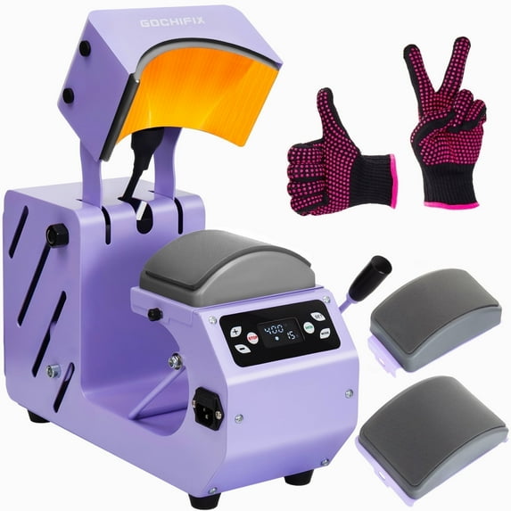 Hat Heat Press Machine,GOCHIFIX Automatic Hat Heat Press with 2pcs Interchangeable Platens for Caps Hats T-Shirts and HTV Iron On and Sublimation Projects,Purple