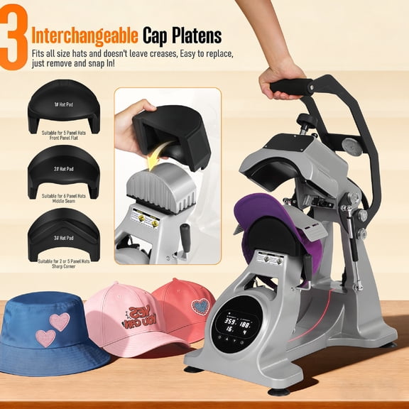 Hat Heat Press: Semi Automatic Printing Hat Cap Heat Press Machine with Timer & Temperature Control - with Platens