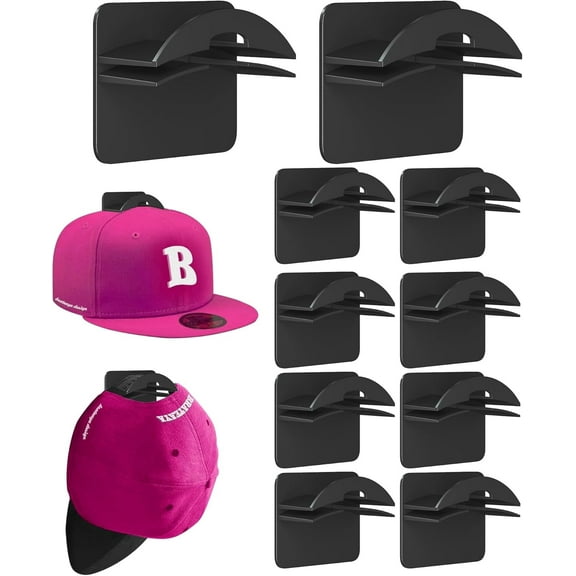Hat Hooks,No Drilling Hat Holder,2-in-1 Hat Organizer Display for Wall,Door,Closet,Black,10 Pcs