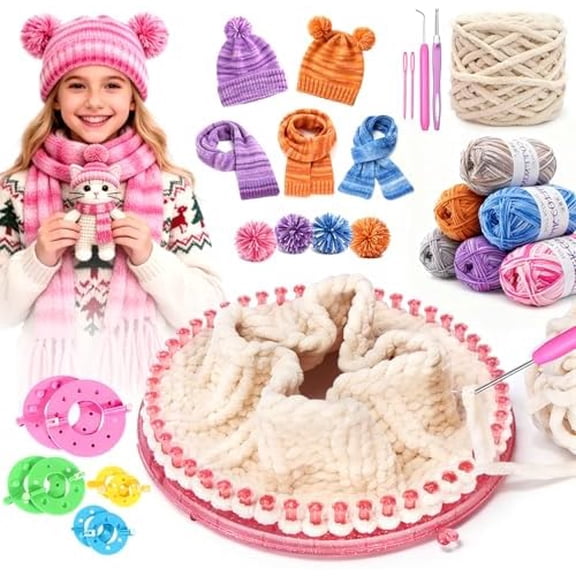 Hat Knitting Kit, Weaving Loom Kit with Portable Storage Bag, Includes Knitting Tools, 8*Pom-Pom Makers, 7 Color Yarns, Knit Hats, Scarves, Ideal Christmas or Birthday Gift, Pink$$Art & Craft