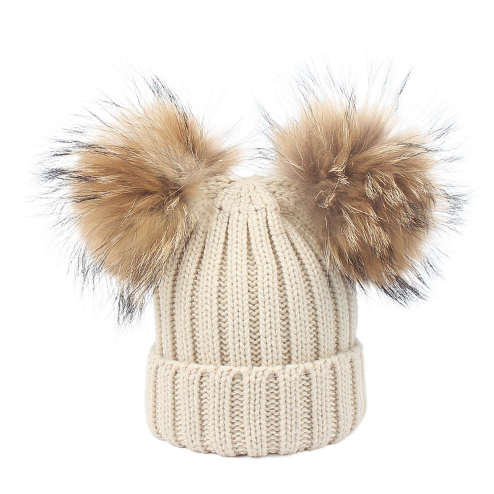 Hat Large Double Pom Pom Ball Knit Beanie Winter Ski Cap Bobble Beige Free