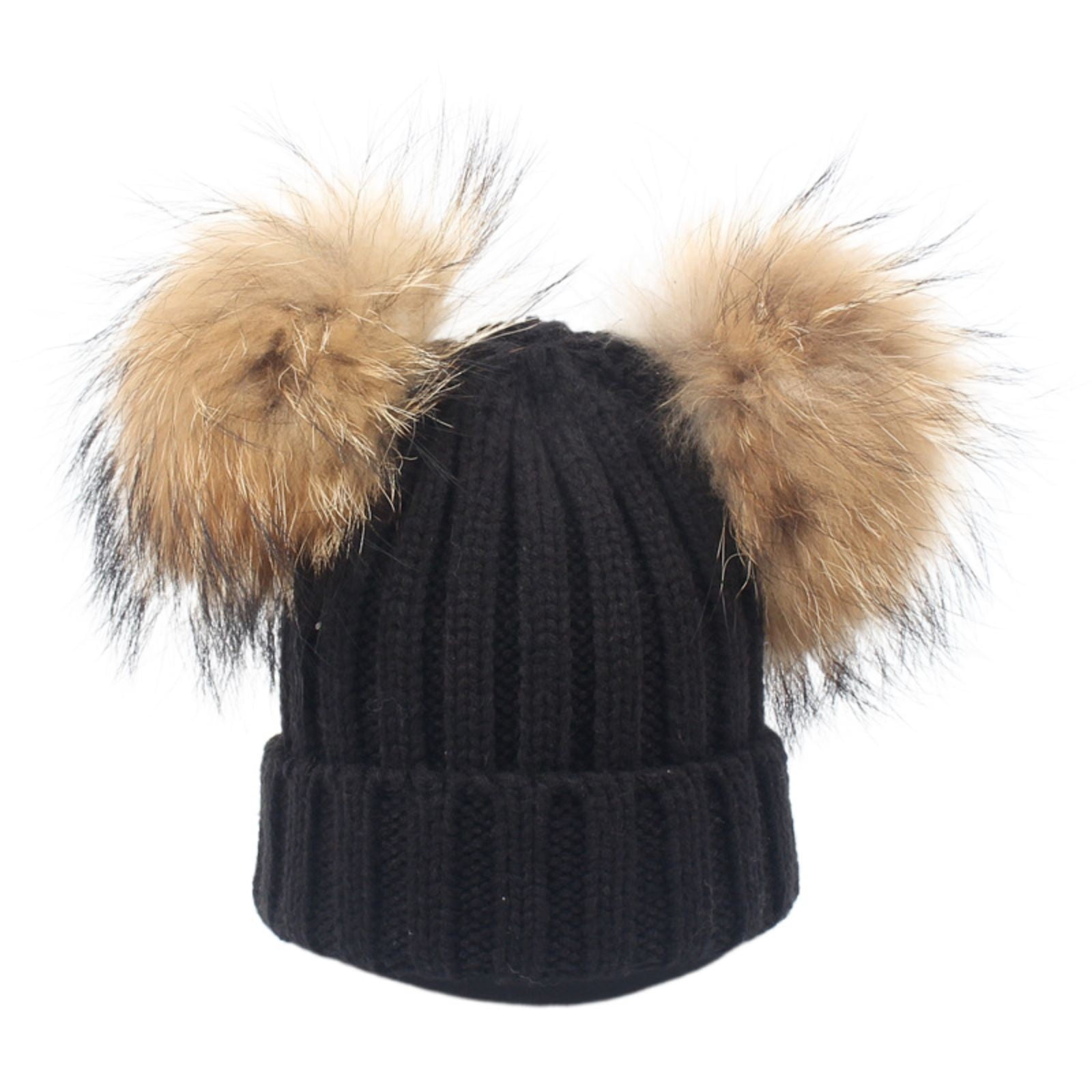 Hat Large Double Pom Pom Ball Knit Beanie Winter Ski Cap Bobble Black Free
