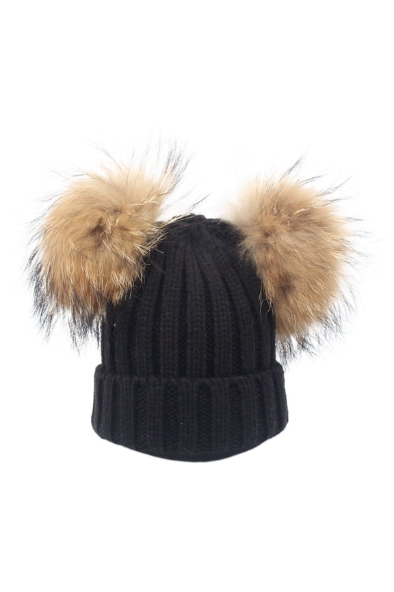 Hat Large Double Pom Pom Ball Knit Beanie Winter Ski Cap Bobble Black Free