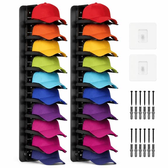 Hat Organizer 36 Baseball Caps Rack Holder 2 Pack Wall Mount Storage | Closet,door,or wall storage - adjustable clips hold 36 caps securely, adhesive or screw mount, Black, space-saving design