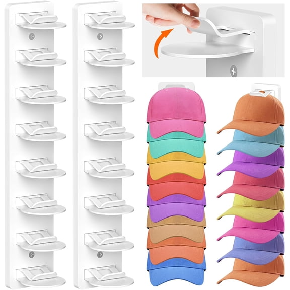 Hat Organizer for Baseball Caps, 2 Pack Adhesive Hat Rack for Wall, Multilayer Hat Storage Display Holder, Wall Mounted Hat Hooks Hold up to 16 Hats for Closet Door and Bedroom (White)