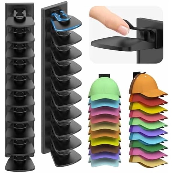 Hat Organizer for Baseball Caps, 2 Pack Hold Up to 40 Hats, Hat Rack for Wall Space Saving, Hat Hanger w/Strong Adhesive Hat Storage Holder Display for Closet Door and Wall (Black)