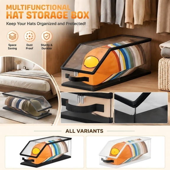 Hat Organizer for Baseball Caps2026 New Flip-Top Access Hat Storage BoxStackable Plastic Hat Holder with Clear Window LidBreathable Closet Space Saving Cap Container