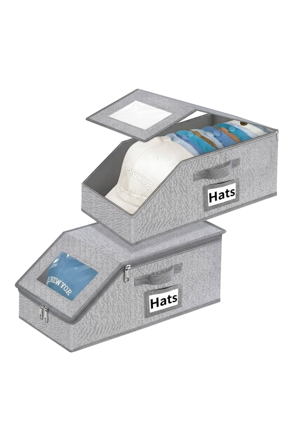 Hat Organizer for Baseball Caps – 2PCS Stackable Storage Box with Clear Window Lid, Flip-Top Access, Space-Saving Hat Holder for Closet, Breathable Fabric (Grey)