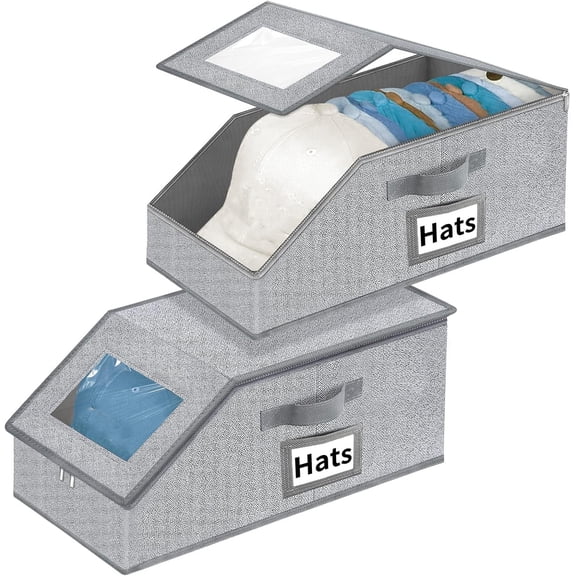 Hat Organizer for Baseball Caps - 2PCS Stackable Storage with Clear Window Lid, Flip-Top Access, Space-Saving Hat Box for Closet, Breathable Fabric (Grey)