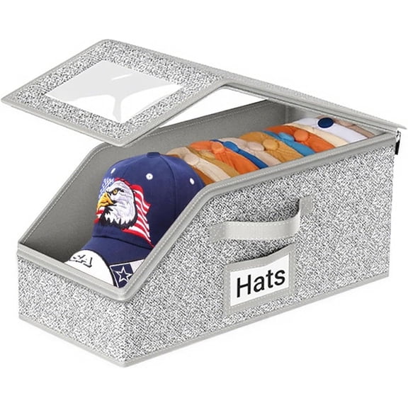 Hat Organizer for Baseball Caps,Holds up to 12 Caps Hat Organizer for Closet, Sturdy Stackable Storage for Men with Clear Lid, Flip-Top Access, Space-Saving Hat Box for Closet, Breathable Fabric