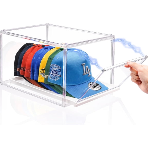 Hat Organizer for Baseball Caps, Large Clear Hats Holder Box Storage with Sliding Tray, Stackable Rack Display Case Caps Magnetic Door, Each Holds 8-10 (1 Pack)
