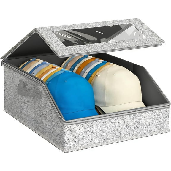 Hat Organizer for Baseball Caps, Taotique Stackable Hat Storage with Clear Window Lid, Holds up to 24 Caps, Flip-Top Access, Space-Saving Hat Box for Closet, Breathable Fabric (Grey)