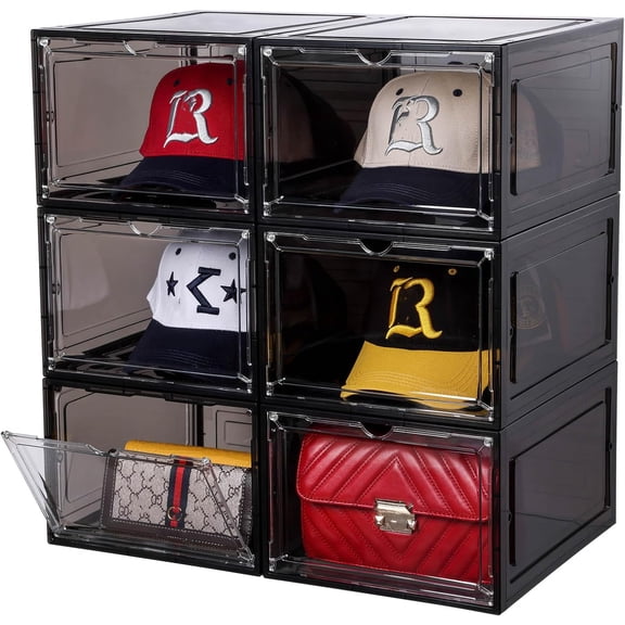 Hat Organizer for Baseball Caps, set of 6, Stackable Hat Storage Box With Transparent Magnetic Door, Hat Rack, Easy to Assemble Stylish Display(Clear Black)