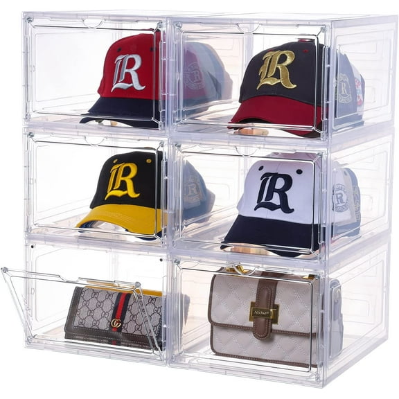 Hat Organizer for Baseball Caps,set of 6, Transparent Storage Box Hat Holder With Clear Magnetic Door, Stackable Rack, Easy to Assemble Stylish Display(13.5 "x 10.6" x 7.5 ")