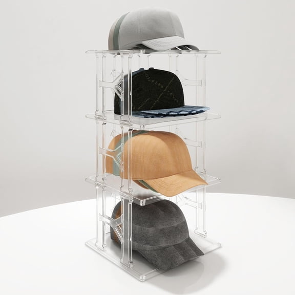 Hat Organizer Box, 4 Tier (Up to 12 Hats) Stackable Clear Hat Display Case Baseball Cap Holder Stand, Hats Display Rack Tabletop