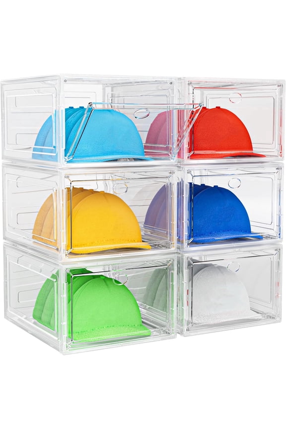 Hat Organizer Box, 6 Boxes for 40 Pack Hats, Upgrade Harder Solid Plastic Hat Organizer for Baseball Caps, Clear Hat Storage with Magnetic Door, Hat Rack Holder Case, White
